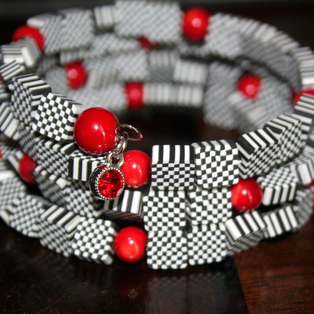 Black and White Checkerboard Handmade Memory Wire Cuff Bracelet